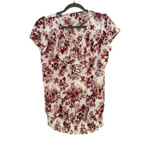 Maurices sheer Floral Ruffle Blouse - Pink and White